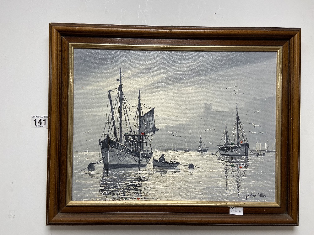 A FRAMED OIL ON CANVAS DEPICTING A HARBOUR SCENE, SIGNED TO BOTTOM RIGHT GORDON ALLEN, 49CM WIDE