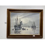 A FRAMED OIL ON CANVAS DEPICTING A HARBOUR SCENE, SIGNED TO BOTTOM RIGHT GORDON ALLEN, 49CM WIDE