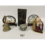 A COLLECTION OF ORIENTAL ITEMS, INCLUDING TWO CHINESE CARVED CORK DIORAMAS, A CLOISONNE ENAMEL BELL,