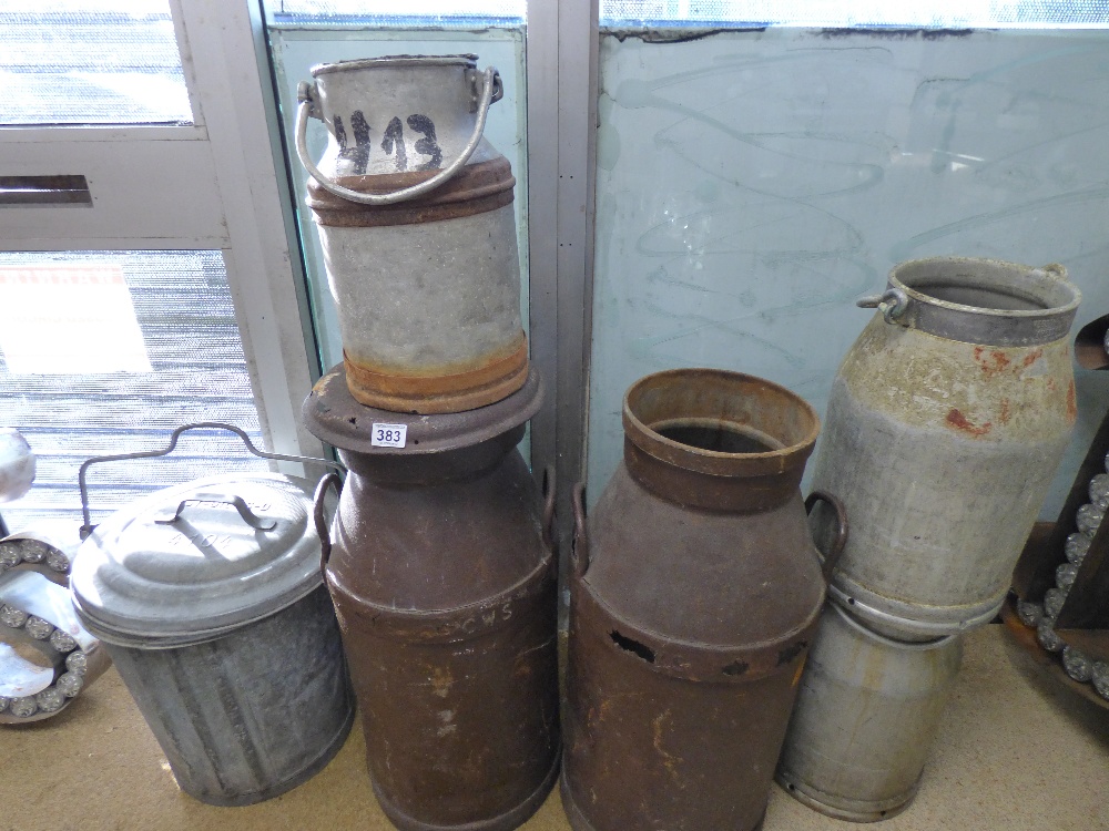 AN ASSORTMENT OF SIX GALVANISED ITEMS INCLUDING MILK CHURNS