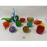 TWELVE PIECES OF COLOURED ART GLASS, INCLUDING DISHES, PAPERWEIGHTS AND MORE