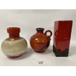 THREE PIECES OF WEST GERMAN CERAMICS, INCLUDING A VASE BY CARSTEINS, LARGEST 25CM HIGH
