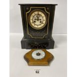 A LATE 19TH/EARLY 20TH CENTURY SLATE MANTLE CLOCK 32.5CM HIGH, TOGETHER WITH A SMALL BAROMETER, BOTH