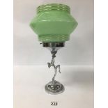 A CHROME ART DECO TABLE LAMP WITH GREEN GLASS SHADE, THROUGHOUT WHICH HAS GILT BORDER DETAILING,
