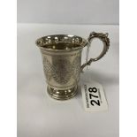 A HIGHLY DECORATED VICTORIAN SILVER CHRISTENING MUG WITH ENGRAVED MOTIFS, HALLMARKED BIRMINGHAM 1865