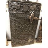 A LARGE STUNNING AUTHENTIC AFRICAN ANTIQUE DARK WOOD CARVED DOGON GRAIN STORE DOOR COMPLETE WITH