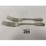 TWO SILVER FIDDLE PATTERN TABLE FORKS, THE EARLIEST OF WHICH HALLMARKED LONDON 1840 BY CHARLES