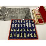 A BOXED ONYX CHESS SET TOGETHER WITH A PAPER CHINESE SCROLL AND EMPERORS OF ANCIENT CHINA PLAYING