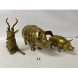 A LARGE BRASS FIGURE OF A PIG, 36CM LONG, TOGETHER WITH A SMALLER SIMILAR BRASS PIG AND A DEER