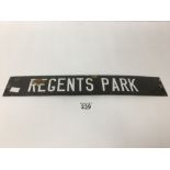 A 1920'S UNDERGROUND ENAMEL SIGN 'REGENTS PARK' WHITE LETTERING ON A BLACK GROUND, 48.5CM WIDE