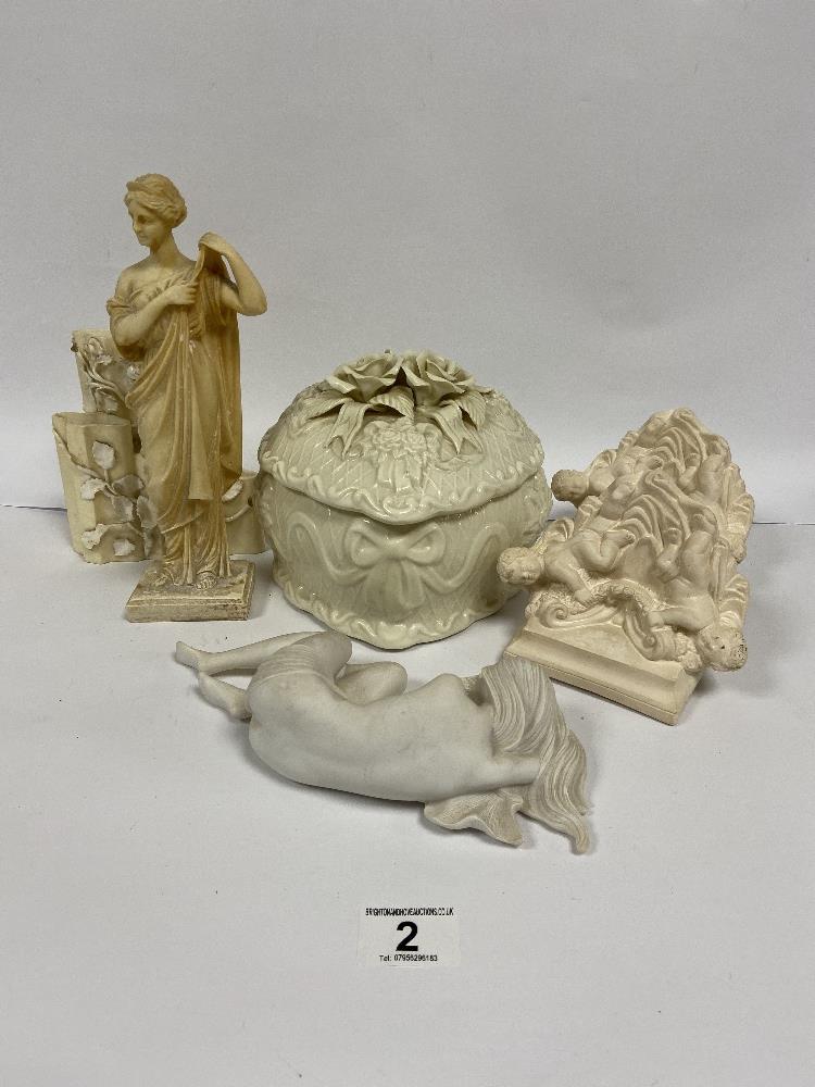 A MIXED LOT OF CERAMICS AND OTHER ITEMS, INCLUDING LIDDED DISH, A RESIN FIGURE OF A GIRL RESTING