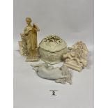 A MIXED LOT OF CERAMICS AND OTHER ITEMS, INCLUDING LIDDED DISH, A RESIN FIGURE OF A GIRL RESTING