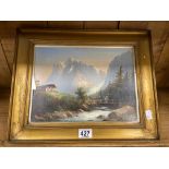 A FRAMED AND GLAZED OIL ON BOARD OF A MONTAIN SCENE UNSIGNED BUT WITH CONSIDERABLE AGE, 45CM BY 43.