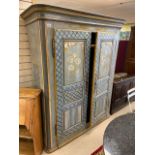 A LARGE FRENCH HAND PAINTED PINE DOUBLE WARDROBE 162X196X52CMS