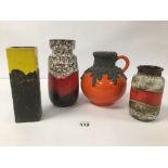 FOUR MID CENTURY WEST GERMAN CERAMIC LAVA ITEMS, INCLUDING A POURING VESSLE AND THREE VASES, LARGEST