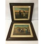 TWO JEAN FRANCOIS MILLET EARLY FRAMED AND GLAZED PRINTS OF 'THE GLEANERS' IN OAK FRAMES 50 X 56 CMS