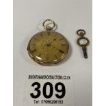 AN EARLY 18CT GOLD CASED FOB WATCH, THE GILT DIAL WITH ROMAN NUMERALS DENOTING HOURS, MARKED TO