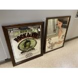 TWO VINTAGE MIRRORS ONE ADVERTISING BOWIES ROCK & RYE WHISKY, THE OTHER WITH AN IMAGE OF A SEVENTIES