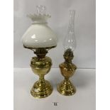 TWO EARLY 20TH CENTURY BRASS PARAFFIN OIL LAMPS, ONE BEING BY DUPLEX, LARGEST APPROX 52CM HIGH