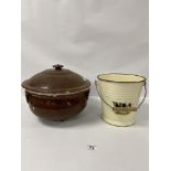 A VINTAGE WHITE ENAMEL BUCKET AND A LARGE BROWN CERAMIC LIDDED TUREEN