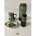 FOUR PIECES OF CELTIC ART POTTERY FROM NEWLYN, CORNWALL, COMPRISING TWO VASES, A BOWL, A TANKARD AND