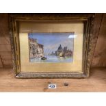 A FRAMED AND GLAZED WATERCOLOUR OF A VENETIAN SCENE WITH GONDOLAS UNSIGNED BUT EXQUISITELY