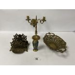 A MIXED LOT OF BRASSWARE, INCLUDING THREE SCONCE CANDELABRA, LETTER RACK, A PIERCED DISH AND MORE