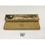 A LONG SILVER SPOON, HALLMARKED SHEFFIELD 1945 BY JAMES DIXON & SONS, COMES IN ORIGINAL BOX FROM