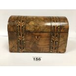 A VICTORIAN WALNUT DOMED TOP TEA CADDY WITH PARQUETRY INLAY, THE INSIDE WITH TWO LIDDED