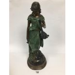 A LARGE PAINTED BRONZE FIGURE DEPICTING A LADY HOLDING A MANDOLIN AND A SINGLE ROSE, 56.5CM HIGH