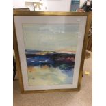 A LARGE FRAMED AND GLAZED ABSTRACT PRINT 90 X 113 CMS