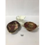 A ROYAL WORCESTER BONE CHINA SHELL AND DOLPHIN DISH, 11CM HIGH, TOGETHER WITH TWO PIECES OF
