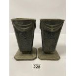 A PAIR OF UNUSUAL HEAVY GLAZED METAL VASES, GUN METAL IN COLOUR, 18CM HIGH