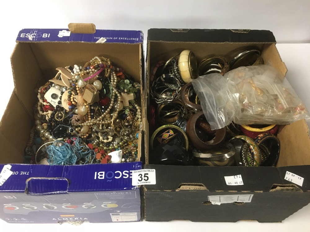 TWO BOXES OF ASSORTED VINTAGE COSTUME JEWELLERY, INCLUDING BANGLES, NECKLACES AND MORE