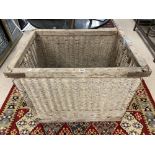 LARGE WOODEN FRAMED WICKER BASKET ON WHEELS 95CM X 70CM X 80CM