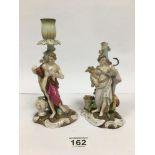 TWO 19TH CENTURY MEISSEN PORCELAIN FIGURATIVE CANDLESTICKS, ONE LACKING SCONCE, 22CM HIGH (AF)