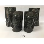 TWO PAIRS OF CARVED EBONY AFRICAN BOOKENDS, LARGEST 25CM HIGH