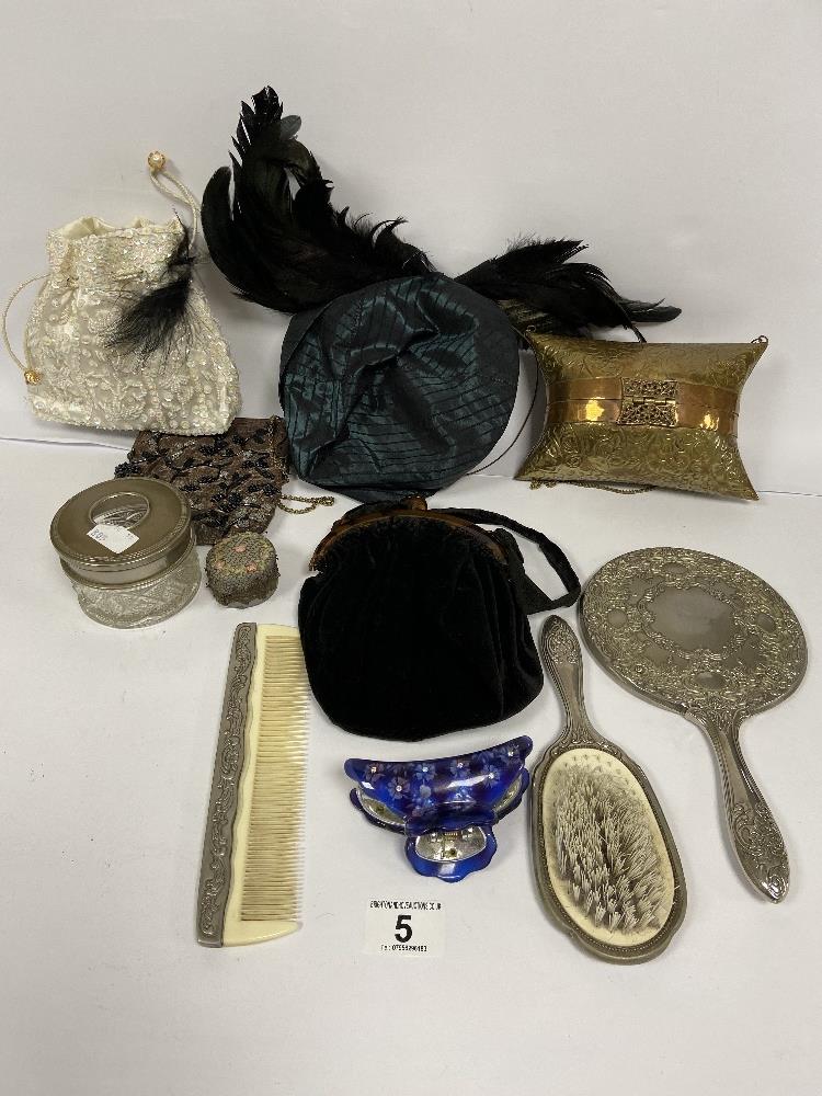 A MIXED LOT OF COLLECTABLES, INCLUDING SILVER PLATED DRESSING TABLE SET, VINTAGE PURSES AND MORE