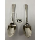 A PAIR OF GEORGE III SILVER TABLE SPOONS, HALLMARKED LONDON 1785, UNKNOWN MAKER, 124G