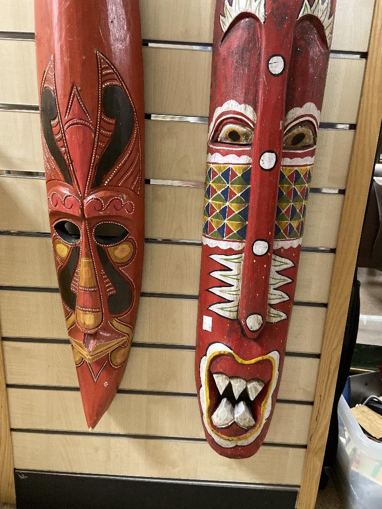 TWO LARGE TRIBAL ART MASK RED PAINTED WALL HANGINGS - Image 2 of 2