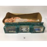 A VINTAGE RODDY BABY DOLL (AF) TOGETHER WITH THREE CORGI LEGENDS OF SPEED VEHICLES, BOXED