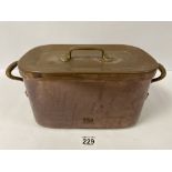 A VINTAGE FRENCH COPPER COOKING VESSEL WITH TWIN HANDLES, MAKERS MARK BGJ 30, 38CM WIDE