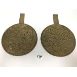 A PAIR OF LATE 19TH/EARLY 20TH CENTURY JAPANESE BRONZE HAND MIRRORS, THE FRONTS SHOWING