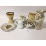 A GROUP OF CERAMIC ITEMS, INCLUDING A BELLEEK POT, SMALL SPODE COPELANDS TEA POT AND MORE (AF)