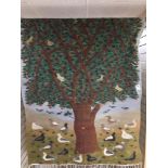 A LARGE EGYPTIAN HAND WOVEN WOOL KILIM FOLK ART WALL HANGING PICTORIAL TAPESTRY OF AN OLIVE TREE AND