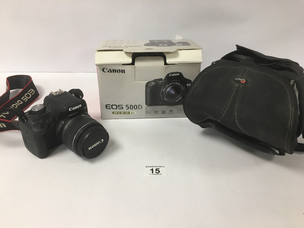 A CANON EOS 500D DIGITAL SLR CAMERA IN ORIGINAL BOX WITH ACCESSORIES, INCLUDING EFS 18-55MM LENS, EF