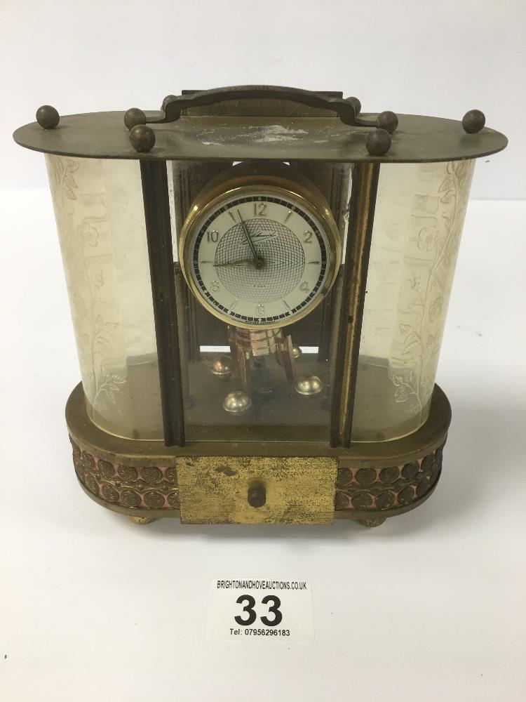 A VINTAGE WEST GERMAN EIGHT DAY ANNIVERSARY STYLE CLOCK WITH SINGLE DRAWER TO THE FRONT, 16CM HIGH