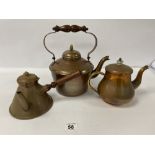 THREE FRENCH BRASS ITEMS, COMPRISING A KETTLE, TEAPOT AND A POURING VESSEL