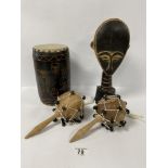 PRIVATE COLLECTION: FOUR VINTAGE AFRICAN WOODEN TRIBAL ITEMS, INCLUDING A DOUBLE ENDED DRUM, A