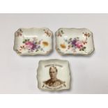 THREE ROYAL CROWN DERBY PORCELAIN PIN DISHES, TWO OF WHICH BEING A PAIR, LARGEST 9.5CM BY 7.5CM